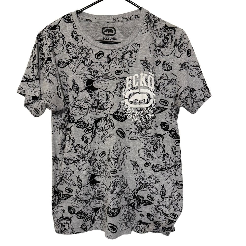 Ecko Unltd Mens Floral Print Graphic Tee Size Medium Grey Streetwear Y2K
